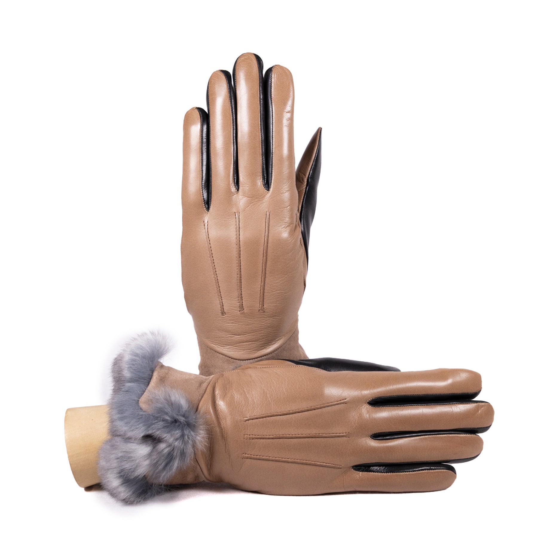 Bicolor nappa leather gloves in tan and black, featuring a luxurious real fur cuff for elegant winter style.