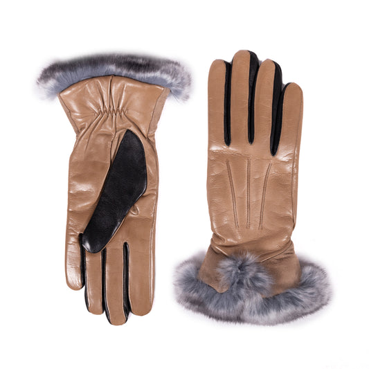 Bicolor nappa leather gloves in tan and black, featuring a luxurious gray fur cuff for elegant winter style.
