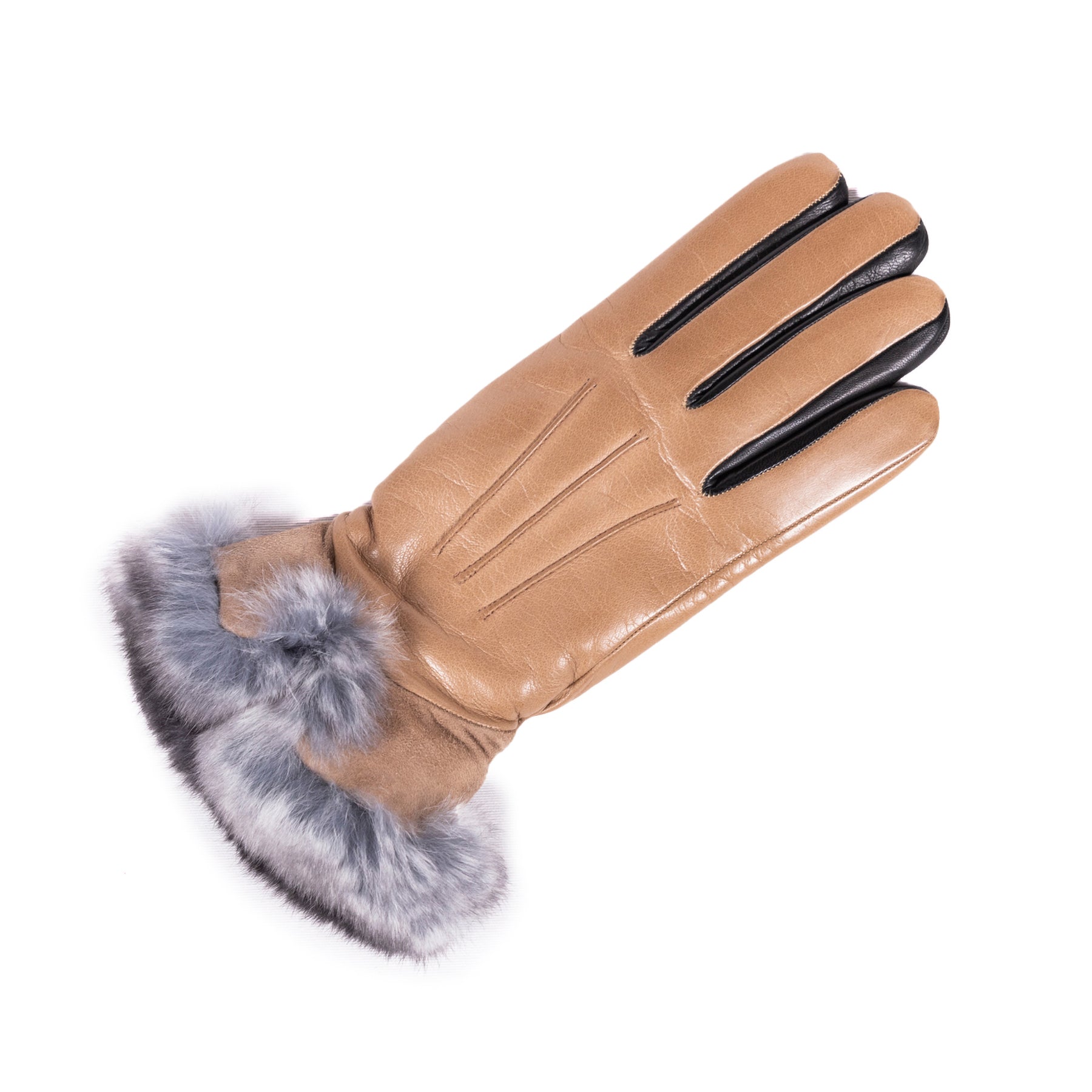 Ladies' bicolor nappa leather gloves in tan with a luxurious grey fur cuff, showcasing elegant Italian craftsmanship.