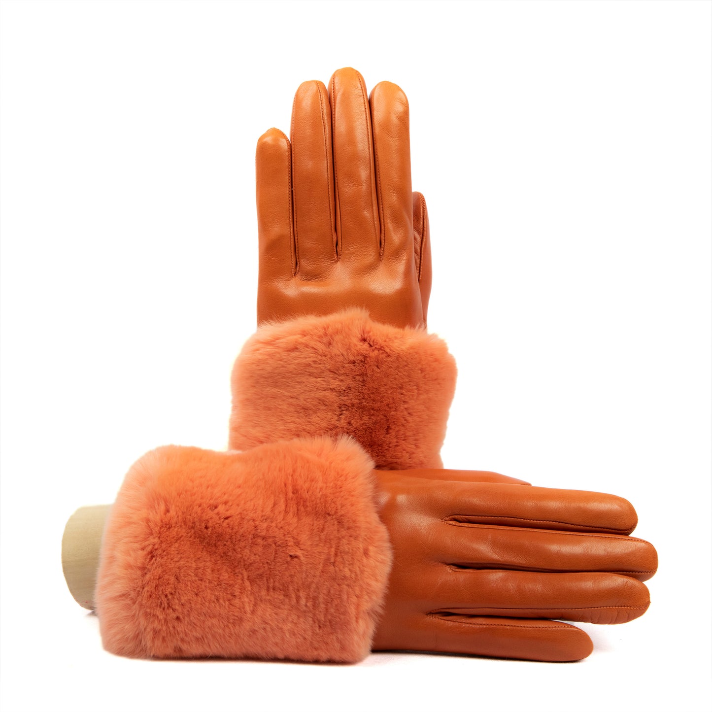 女性用オレンジナッパレザー手袋、上部にリアルファーパネル、カシミアの裏地付き