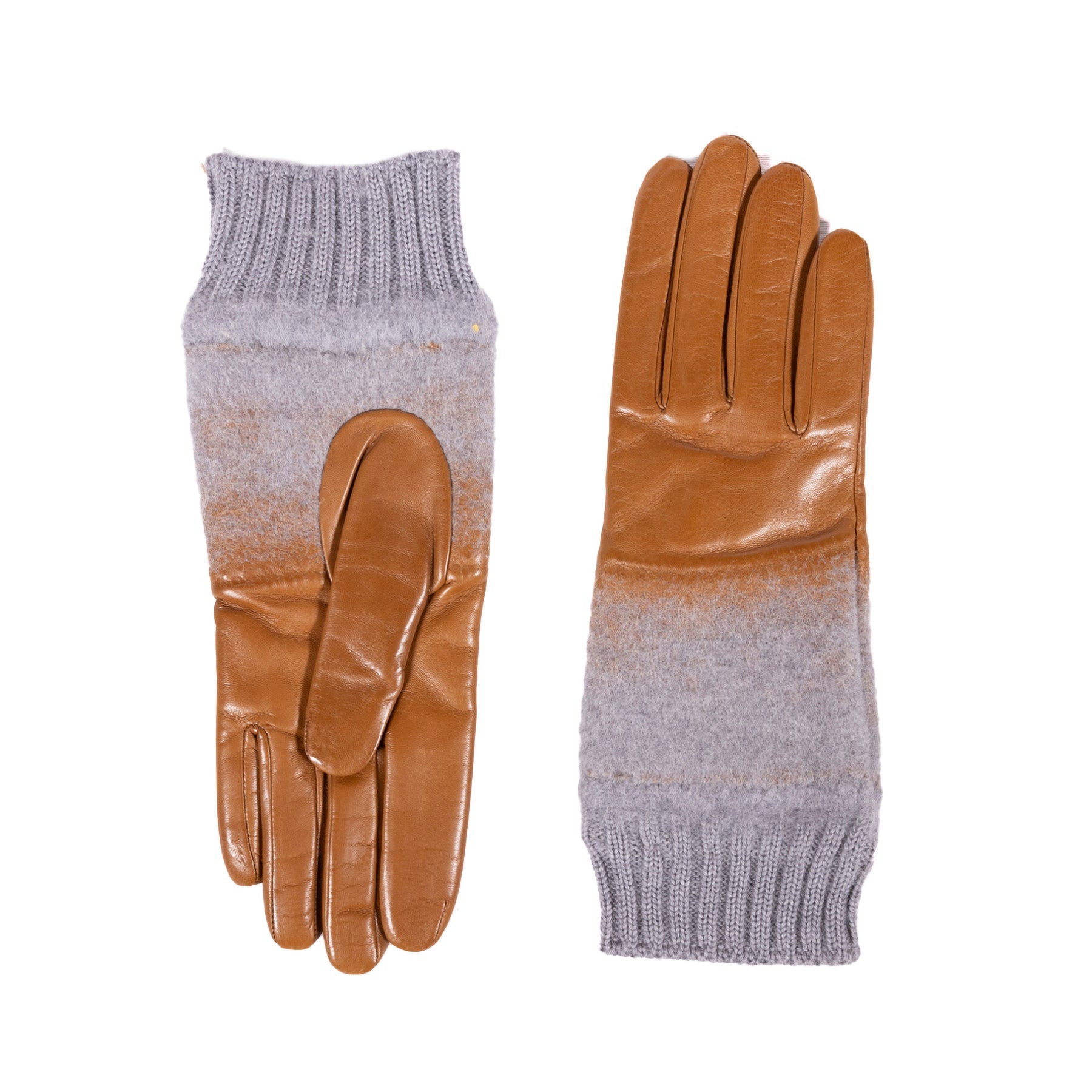 Ladies' nappa leather gloves in cognac with soft gray wool cuffs, showcasing an elegant blend of materials and Italian craftsmanship.