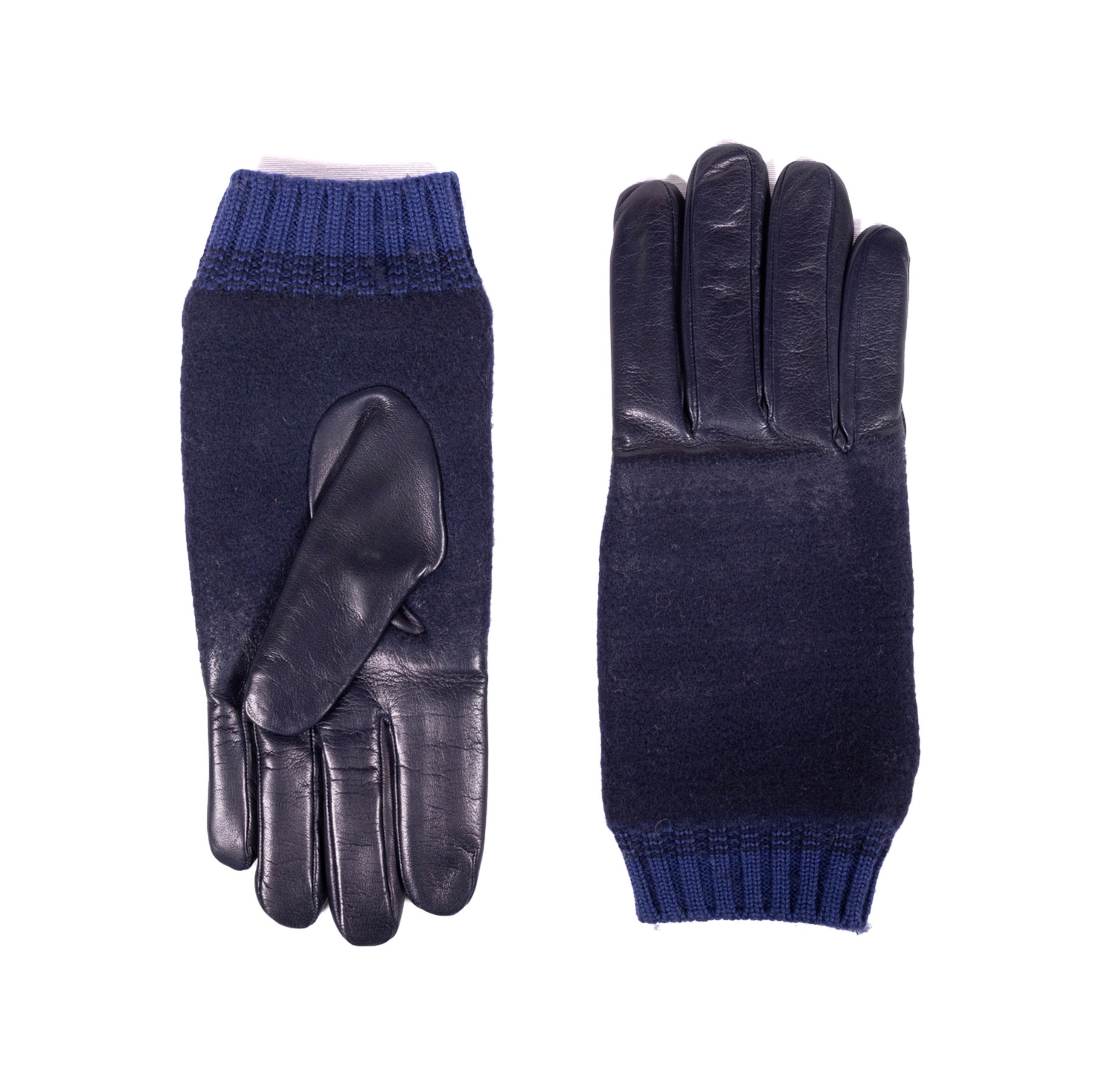 Men's navy nappa leather and wool gloves, featuring a ribbed cuff for warmth and elegance, showcasing Italian craftsmanship.
