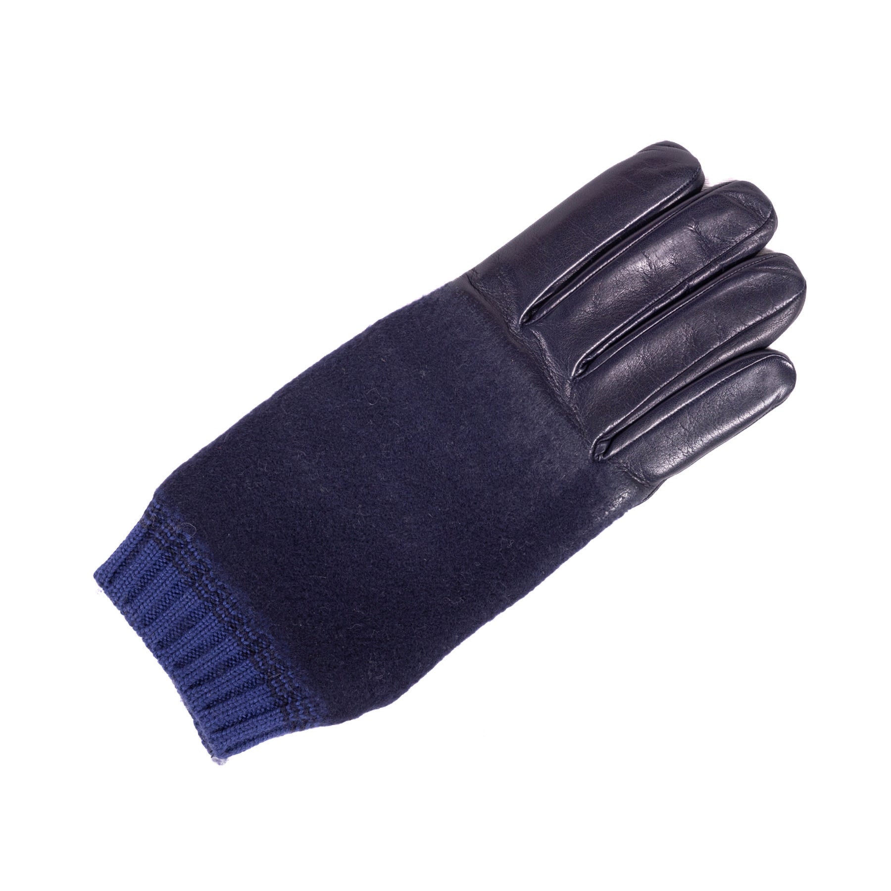 Men's navy nappa leather and wool gloves, showcasing a blend of luxurious materials and elegant design.