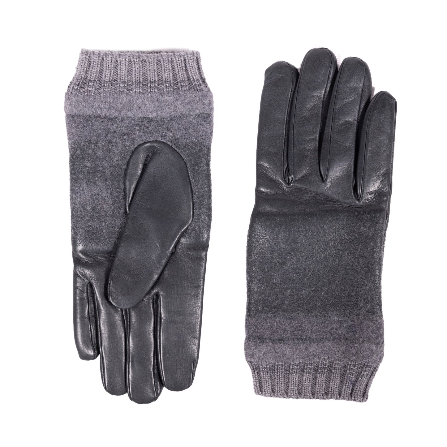 Men's grey nappa leather gloves with wool blend cuffs, showcasing Italian craftsmanship and elegant design.