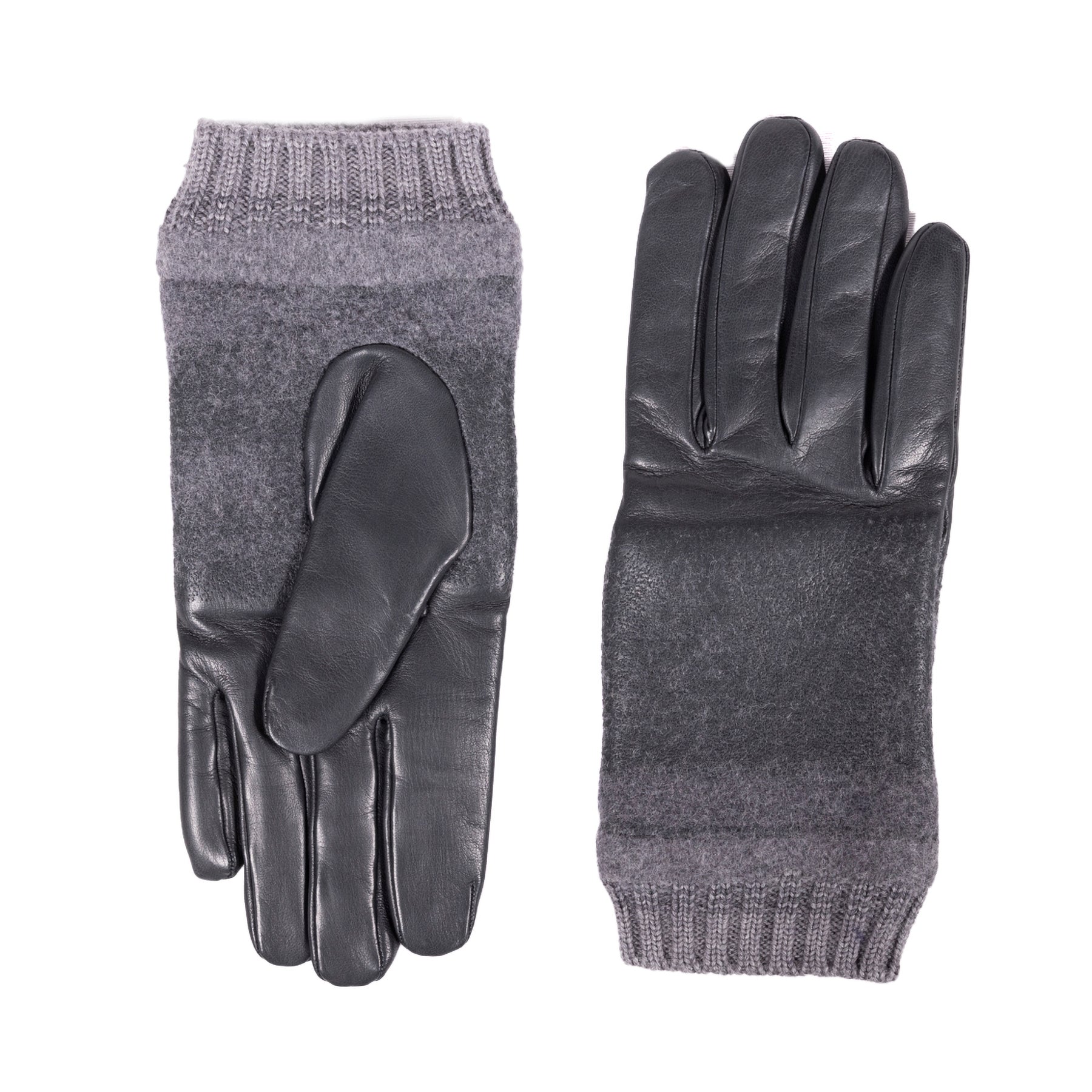 Men's grey nappa leather gloves with wool blend cuffs, showcasing Italian craftsmanship and elegant design.