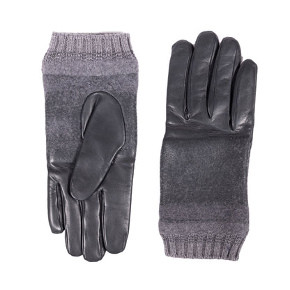 Men's grey nappa leather gloves with wool blend cuffs, showcasing Italian craftsmanship and elegant design.