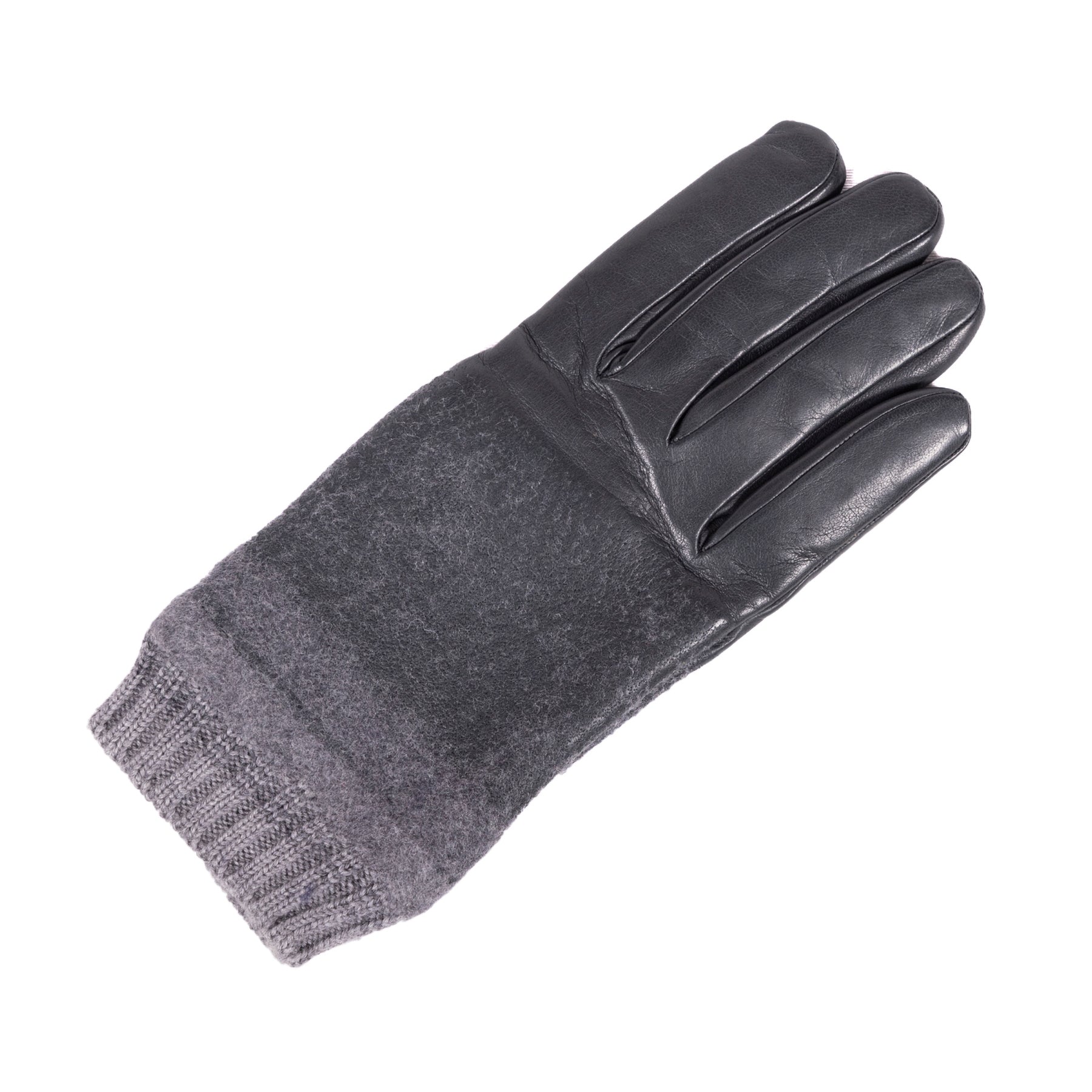 Men's black nappa leather and wool gloves, blending warmth and elegance with a stylish ribbed cuff for a refined look.