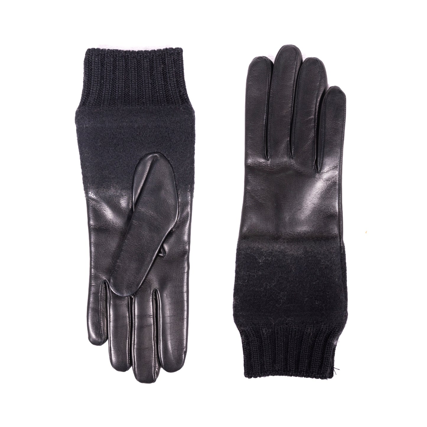 Elegant black nappa leather gloves featuring a cozy wool blend cuff for warmth and style, embodying Italian craftsmanship.