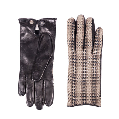 Black nappa leather glove alongside a woven beige and black design, showcasing Italian craftsmanship and elegant style.