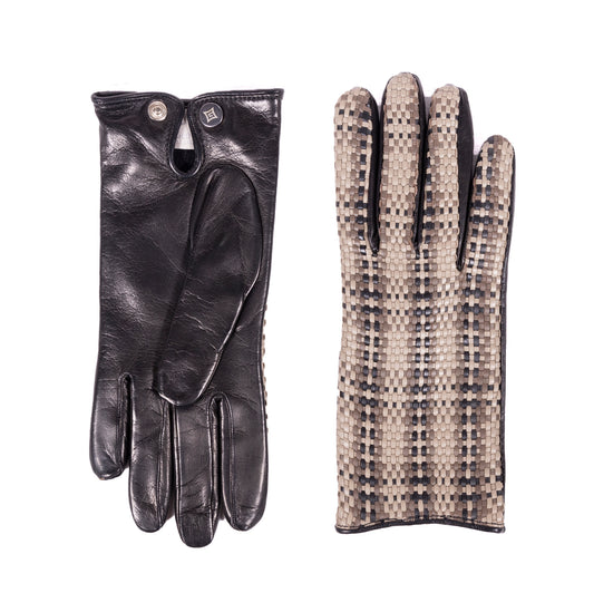 Black nappa leather glove alongside a woven beige and black design, showcasing Italian craftsmanship and elegant style.