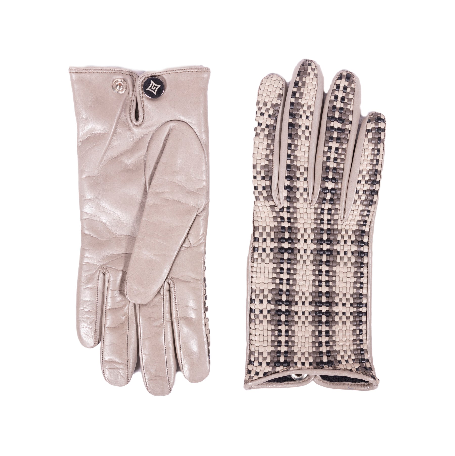 Ladies' woven nappa leather gloves in soft beige, featuring a cashmere lining and a stylish textured design.