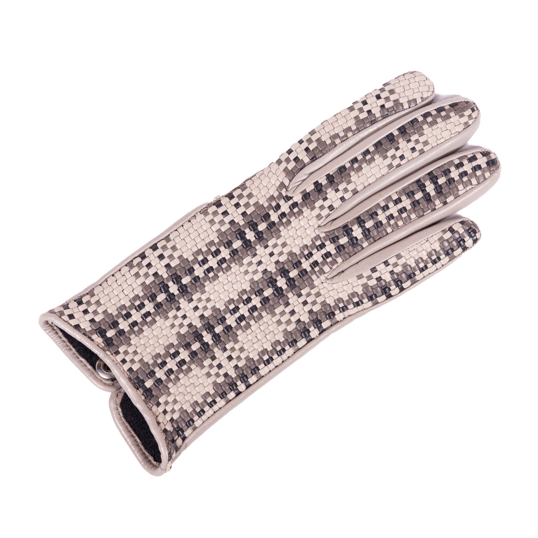 Woven nappa leather glove in neutral tones, lined with cashmere, showcasing elegant Italian craftsmanship and intricate detailing.