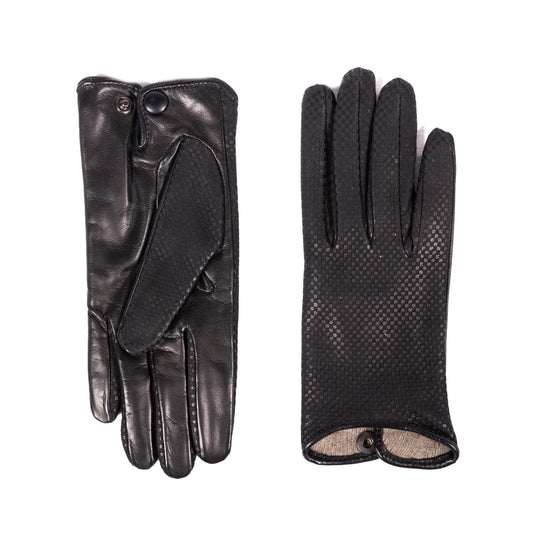 Ladies' black check printed nappa leather gloves showcasing elegant design and Italian craftsmanship with a soft lining.