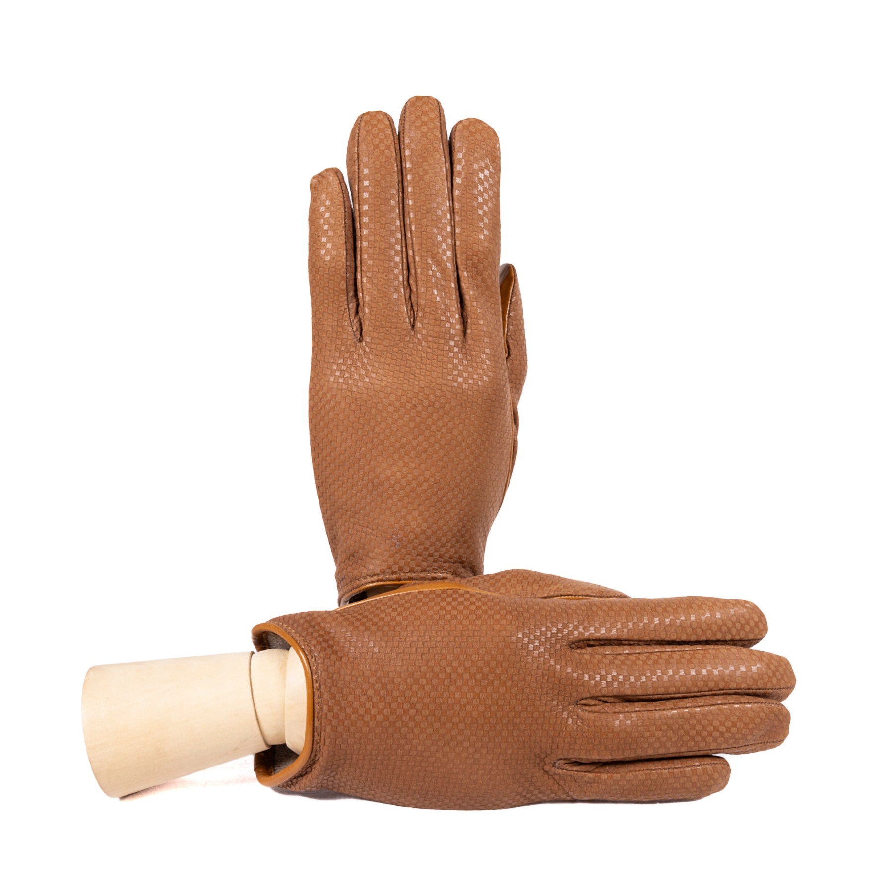 Ladies' check printed nappa leather gloves in rich cognac, showcasing elegant design and Italian craftsmanship.