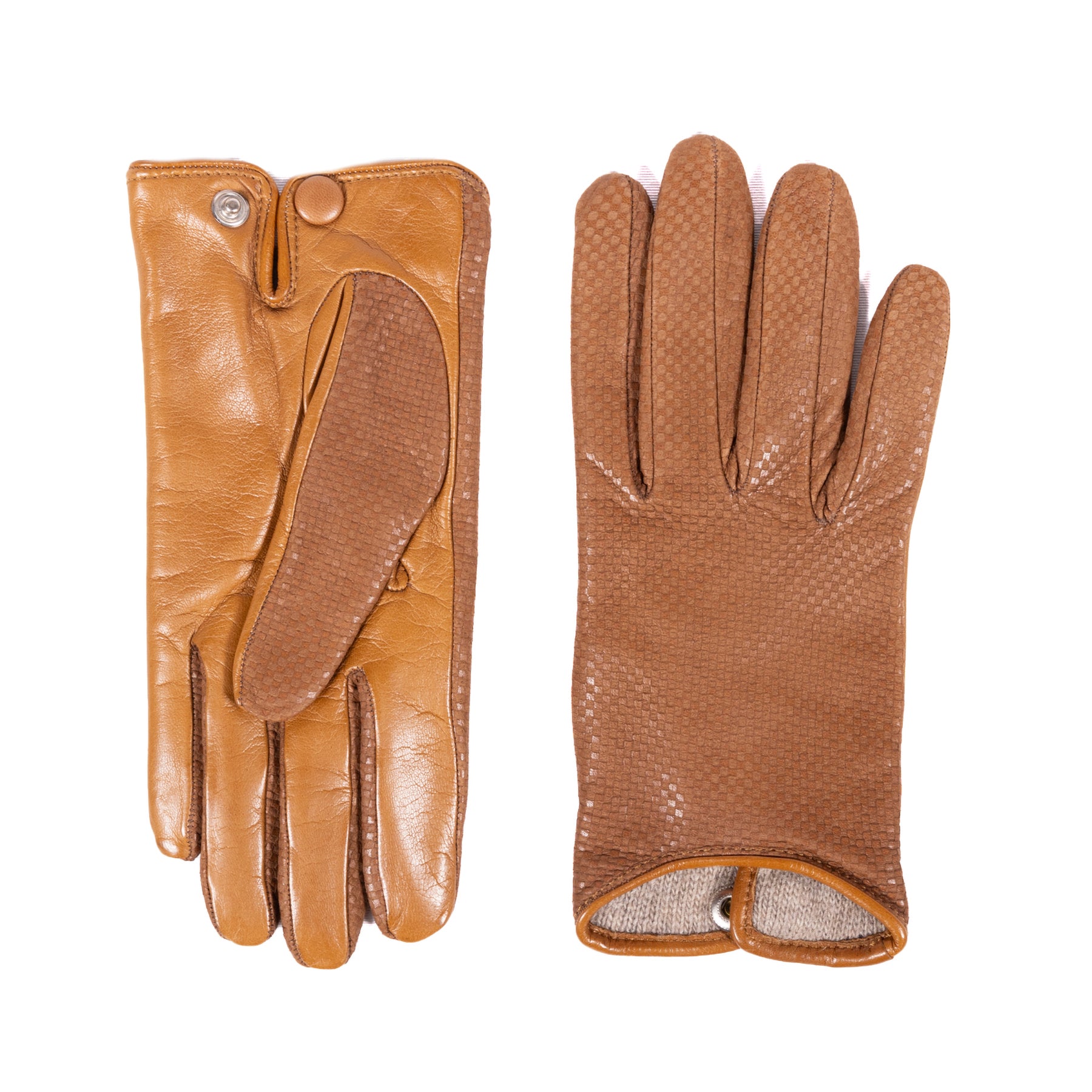 Ladies' check printed nappa leather gloves in warm cognac, featuring a stylish design and premium craftsmanship.