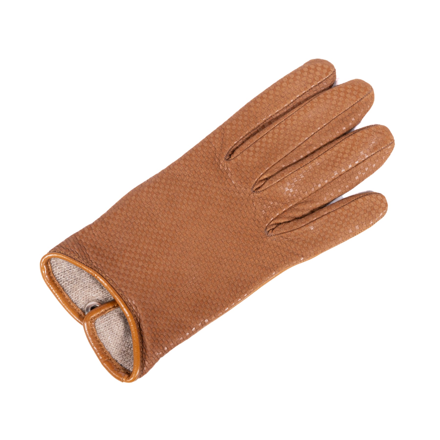 Ladies' check printed nappa leather gloves in rich cognac, showcasing elegant design and Italian craftsmanship.