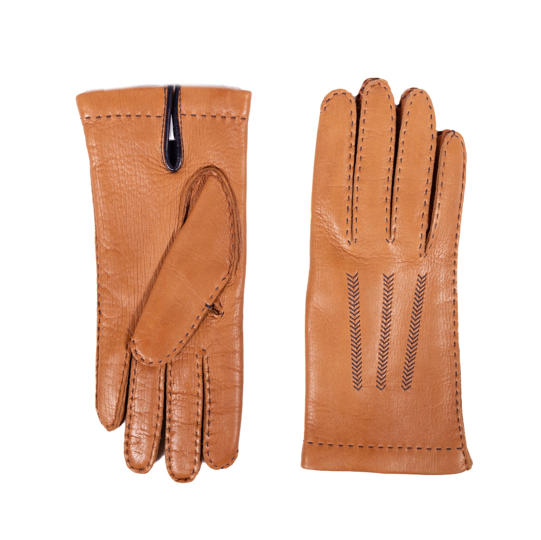 Classic deerskin leather gloves in warm tan, hand-sewn with cashmere lining, showcasing elegant Italian craftsmanship.