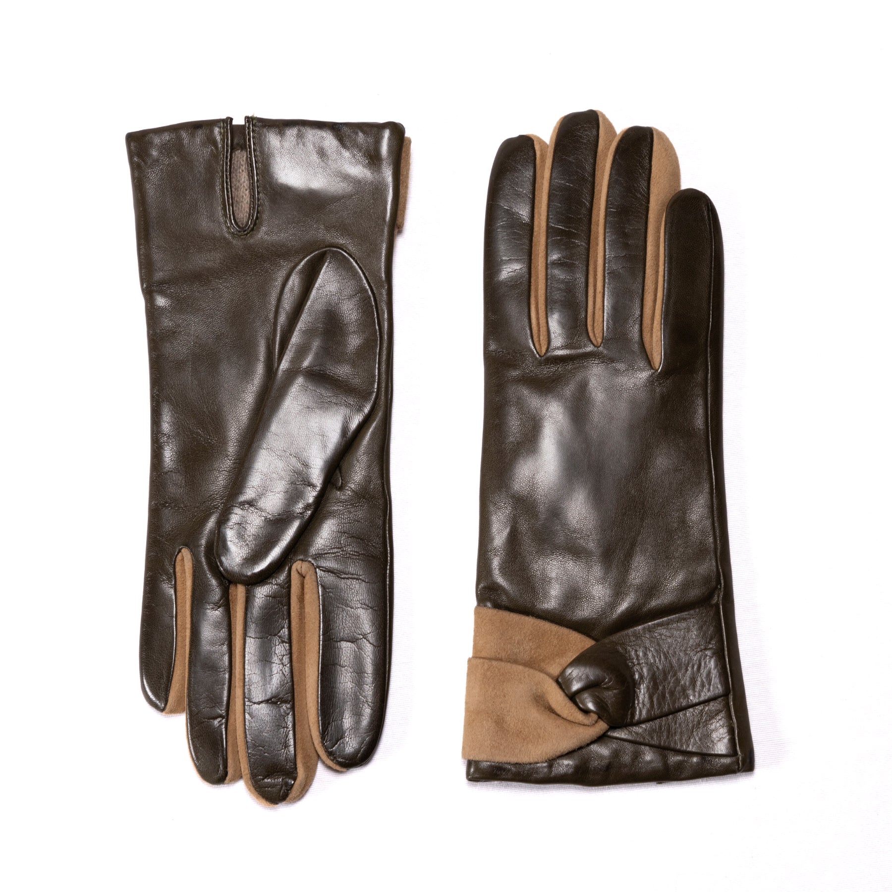 Ladies' nappa leather gloves in dark brown, featuring a suede accent and cashmere lining for added warmth and elegance.