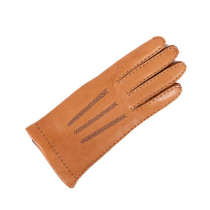 Classic hand-sewn deerskin leather glove in rich cognac, featuring intricate stitching and a soft cashmere lining.