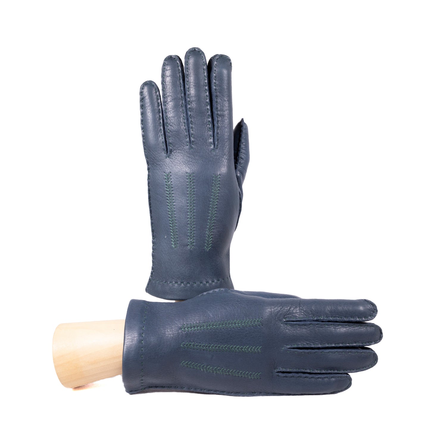 Hand-sewn dark blue deerskin leather gloves featuring green stitching, showcasing elegant Italian craftsmanship and premium materials.