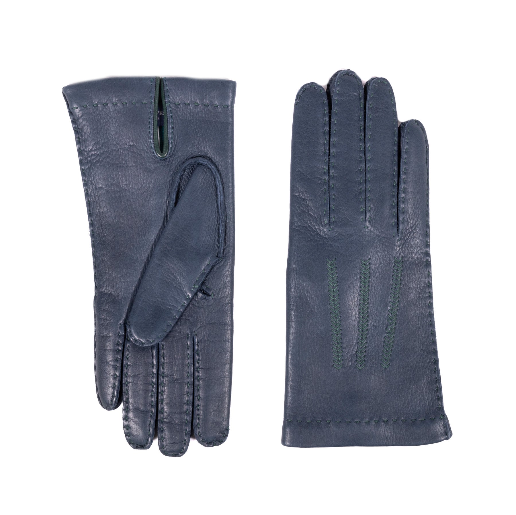Navy deerskin leather gloves, hand-sewn with precision, featuring a cashmere lining and elegant stitching details.