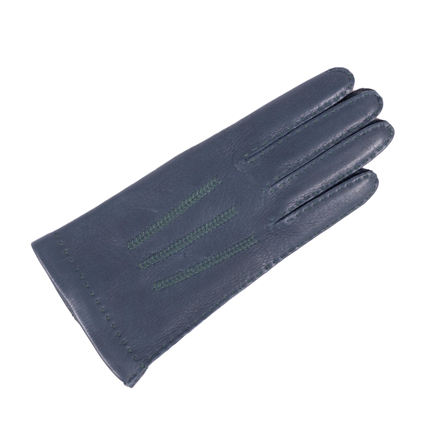 Navy deerskin leather glove featuring green hand-stitching, showcasing Italian craftsmanship and elegant design.