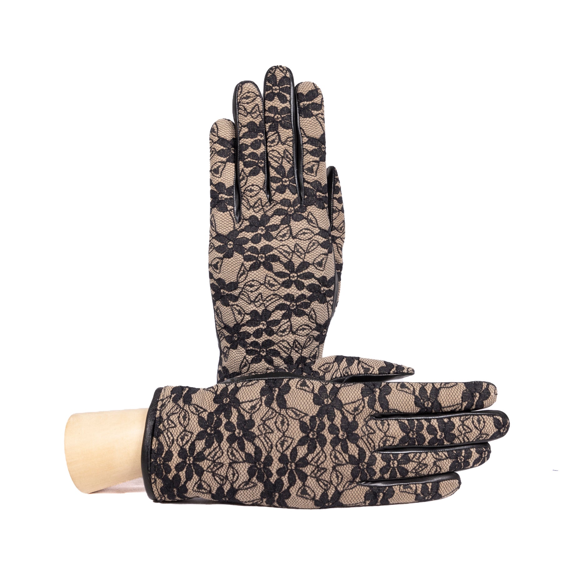 Ladies' nappa leather gloves featuring elegant black lace detailing and a soft cashmere lining, embodying Italian luxury.