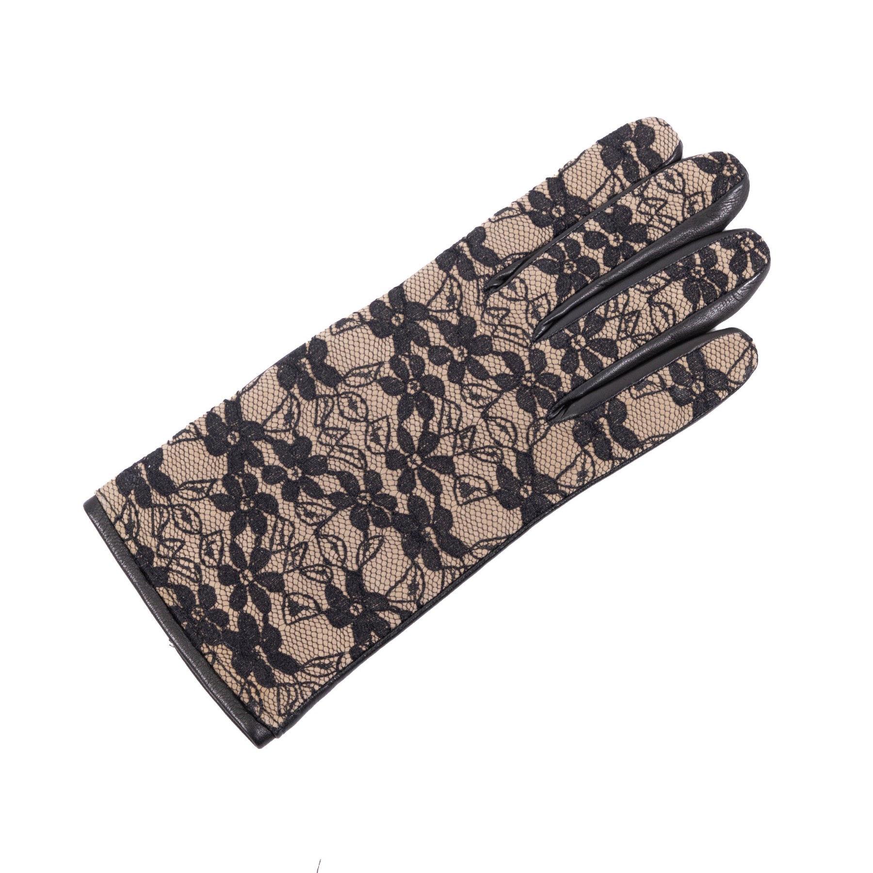 Ladies' nappa leather gloves featuring a chic black lace top, elegantly lined with soft cashmere for a luxurious touch.