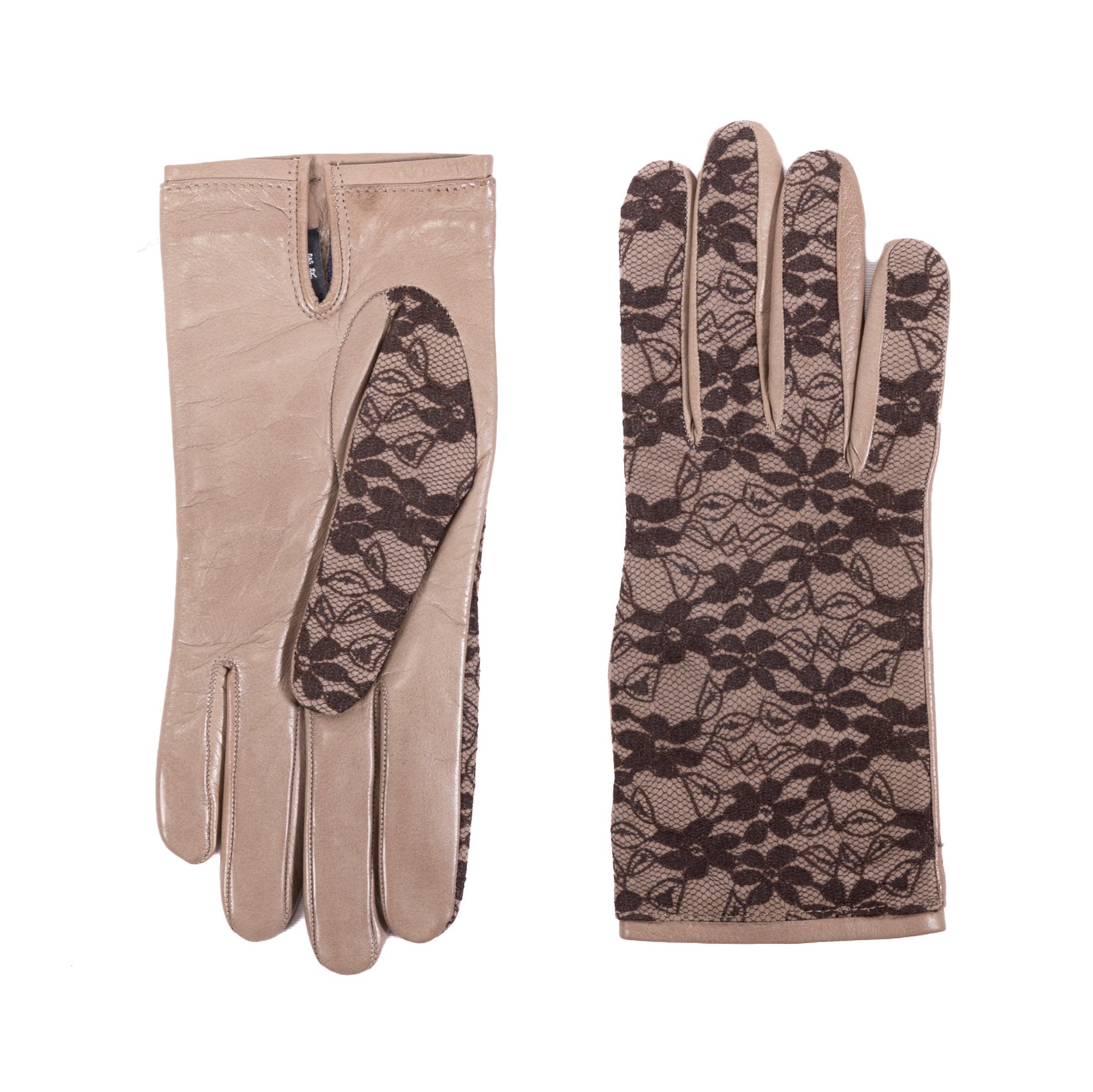 Ladies' nappa leather gloves in beige featuring chic brown lace detail and soft cashmere lining for added elegance.