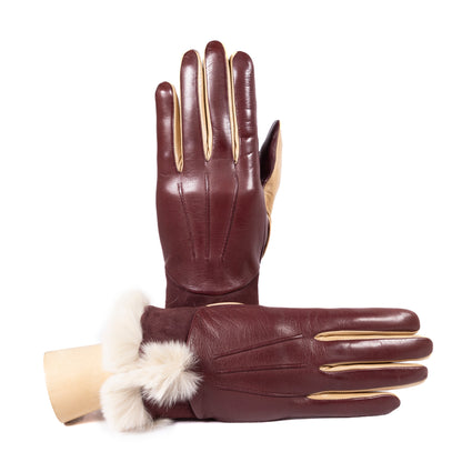 Bicolor nappa leather gloves in rich burgundy, featuring a soft real fur cuff for an elegant touch.