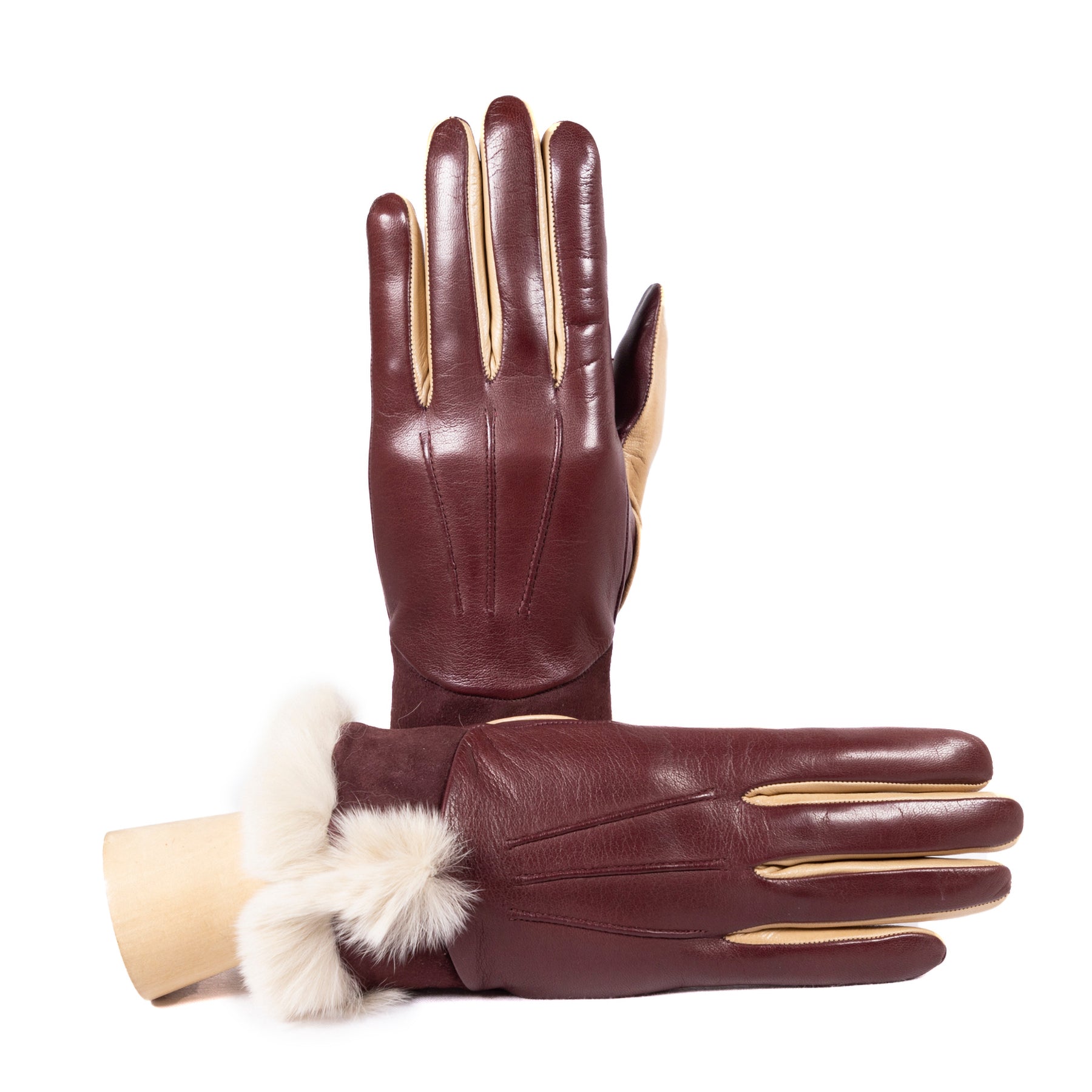 Bicolor nappa leather gloves in rich burgundy, featuring a soft real fur cuff for an elegant touch.