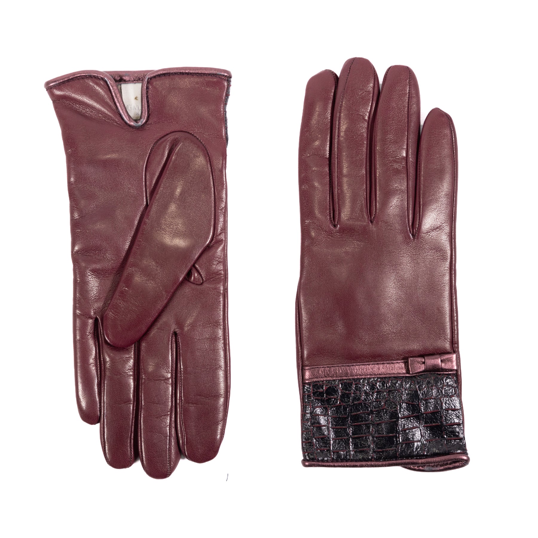 Ladies' burgundy nappa leather gloves featuring a chic bow detail and elegant black crocodile accent. Perfect for luxury styling.