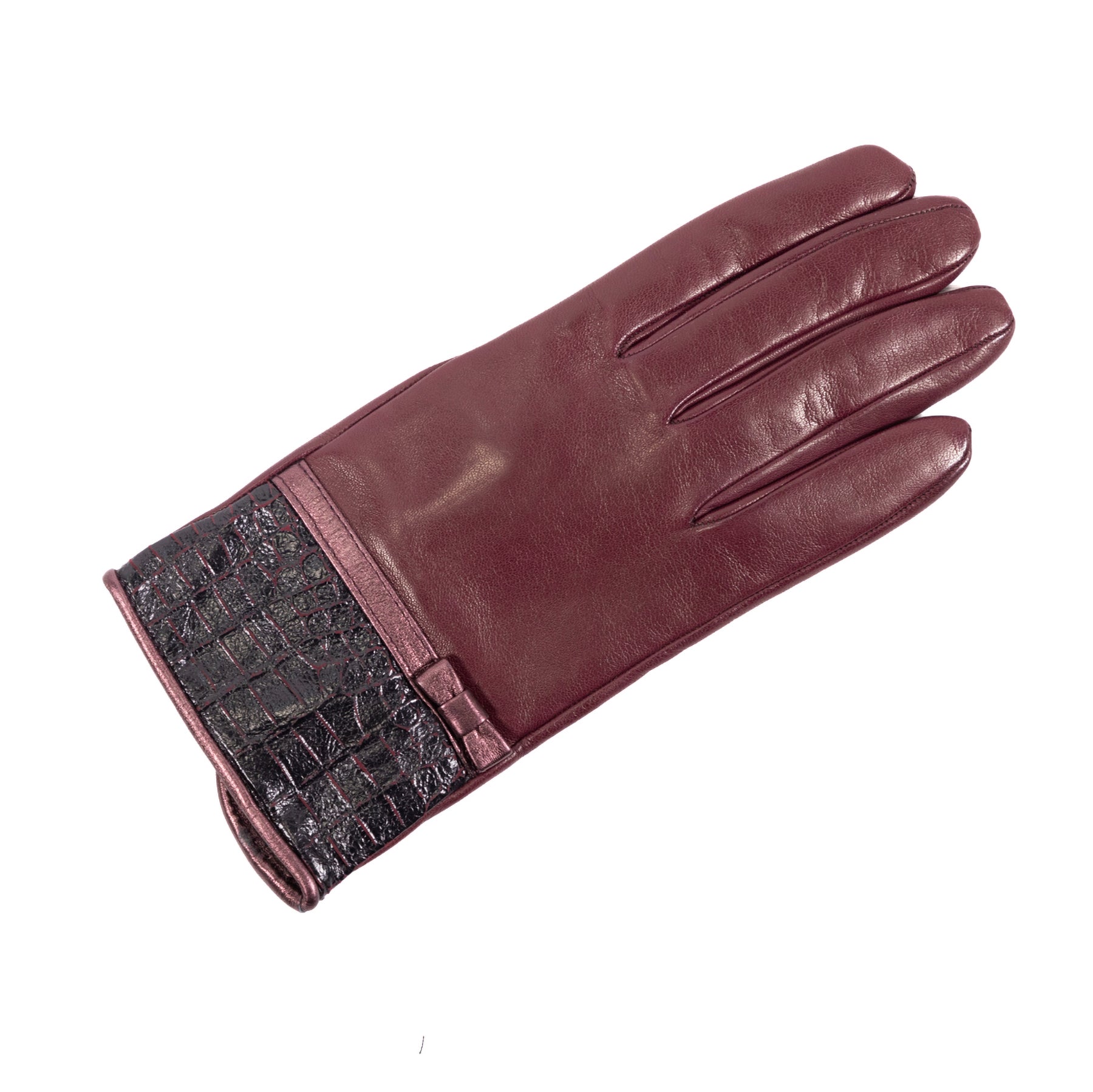 Burgundy nappa leather glove featuring a textured black croc-embossed cuff and elegant bow detail, showcasing Italian craftsmanship.