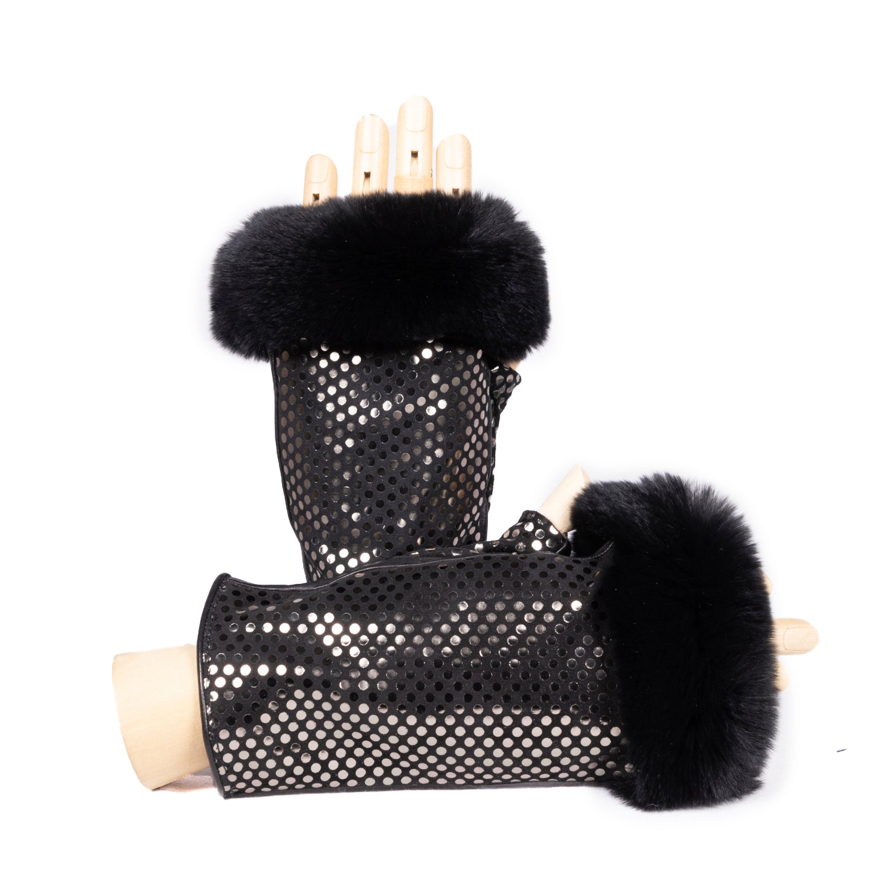 Ladies' black nappa leather fingerless gloves featuring a luxurious fur cuff, showcasing a stylish, elegant design.