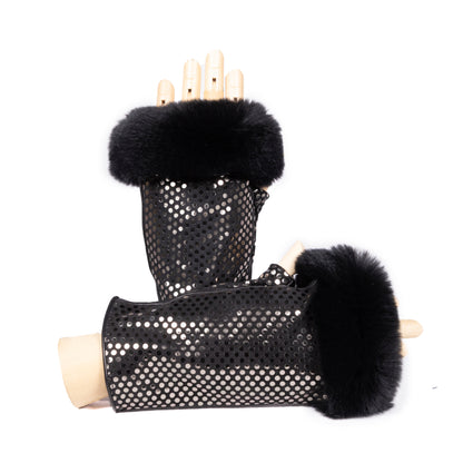 Ladies' black nappa leather fingerless gloves featuring a luxurious fur cuff, showcasing a stylish, elegant design.