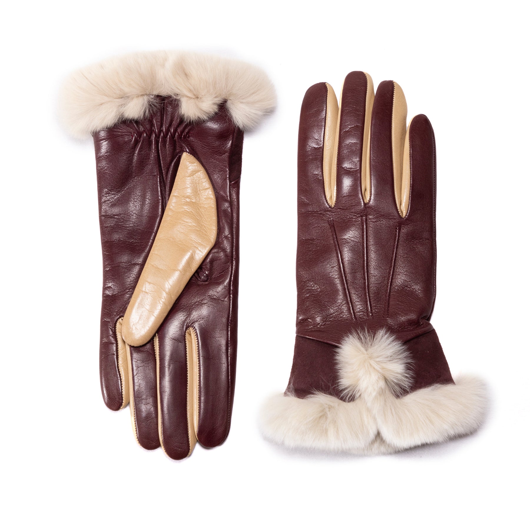 Ladies' bicolor nappa leather gloves in deep burgundy with a soft fur cuff, showcasing luxurious Italian craftsmanship.