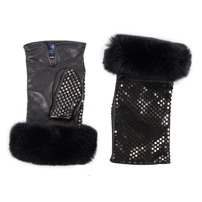 Fingerless black nappa leather gloves featuring a luxurious fur cuff and a stylish sequined design for a chic, elegant look.