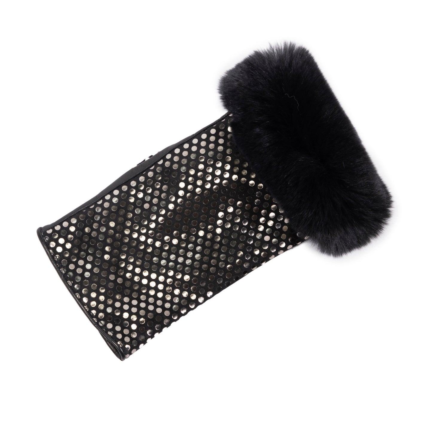 Elegant black nappa leather fingerless glove featuring a luxurious fur cuff and a shimmering studded design.