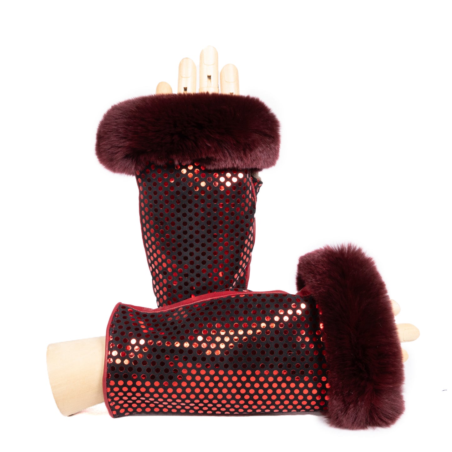 Ladies' fingerless gloves in black nappa leather, featuring a luxurious burgundy fur cuff for an elegant touch.