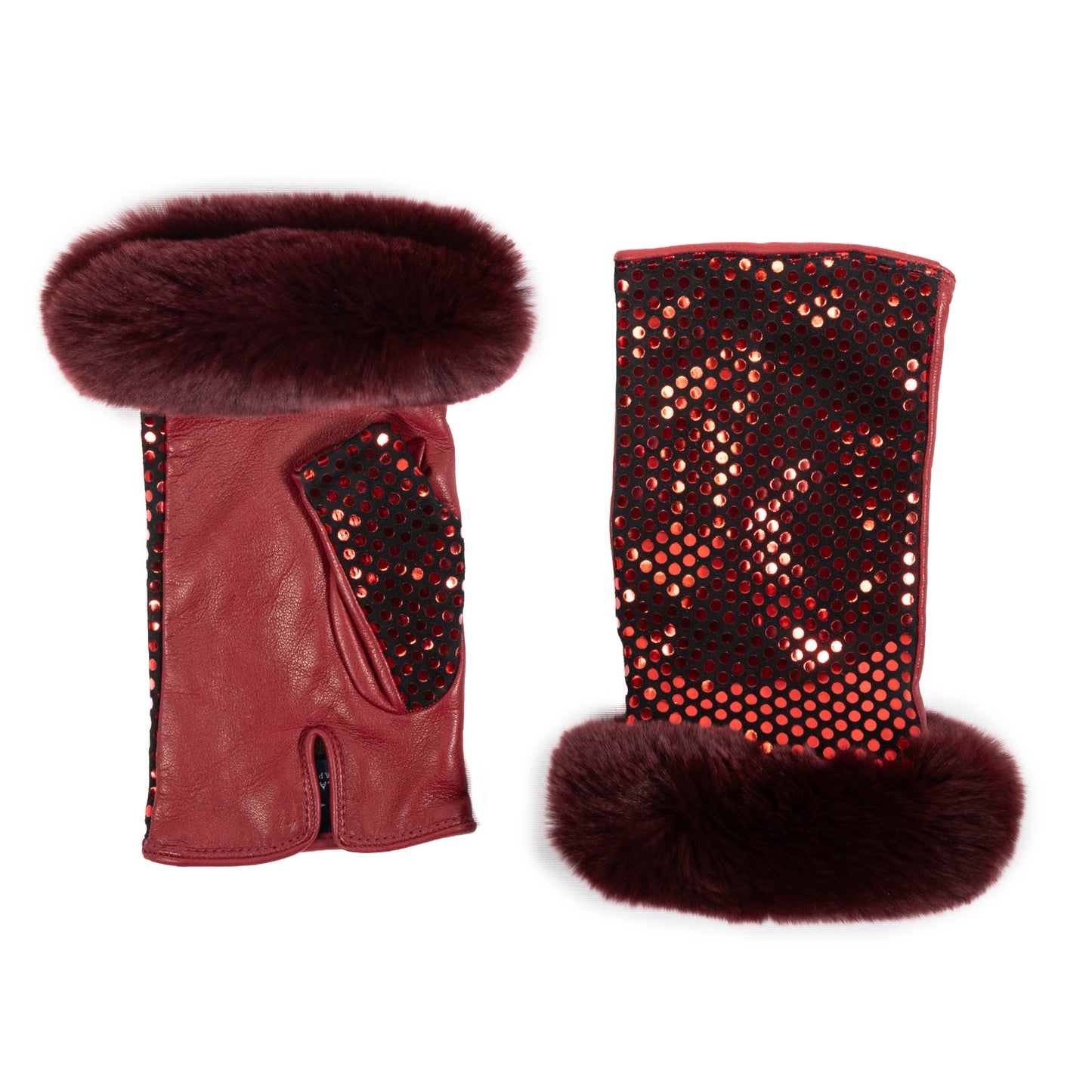 Ladies' burgundy nappa leather fingerless gloves featuring a plush fur cuff and shimmering dotted details for a chic, luxurious look.