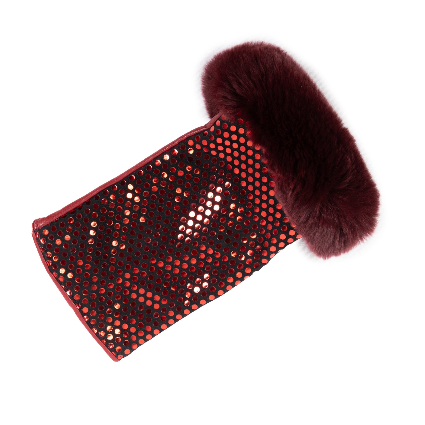 Ladies' fingerless gloves in red leather with a shimmering dotted pattern, featuring a luxurious fur cuff for added elegance.