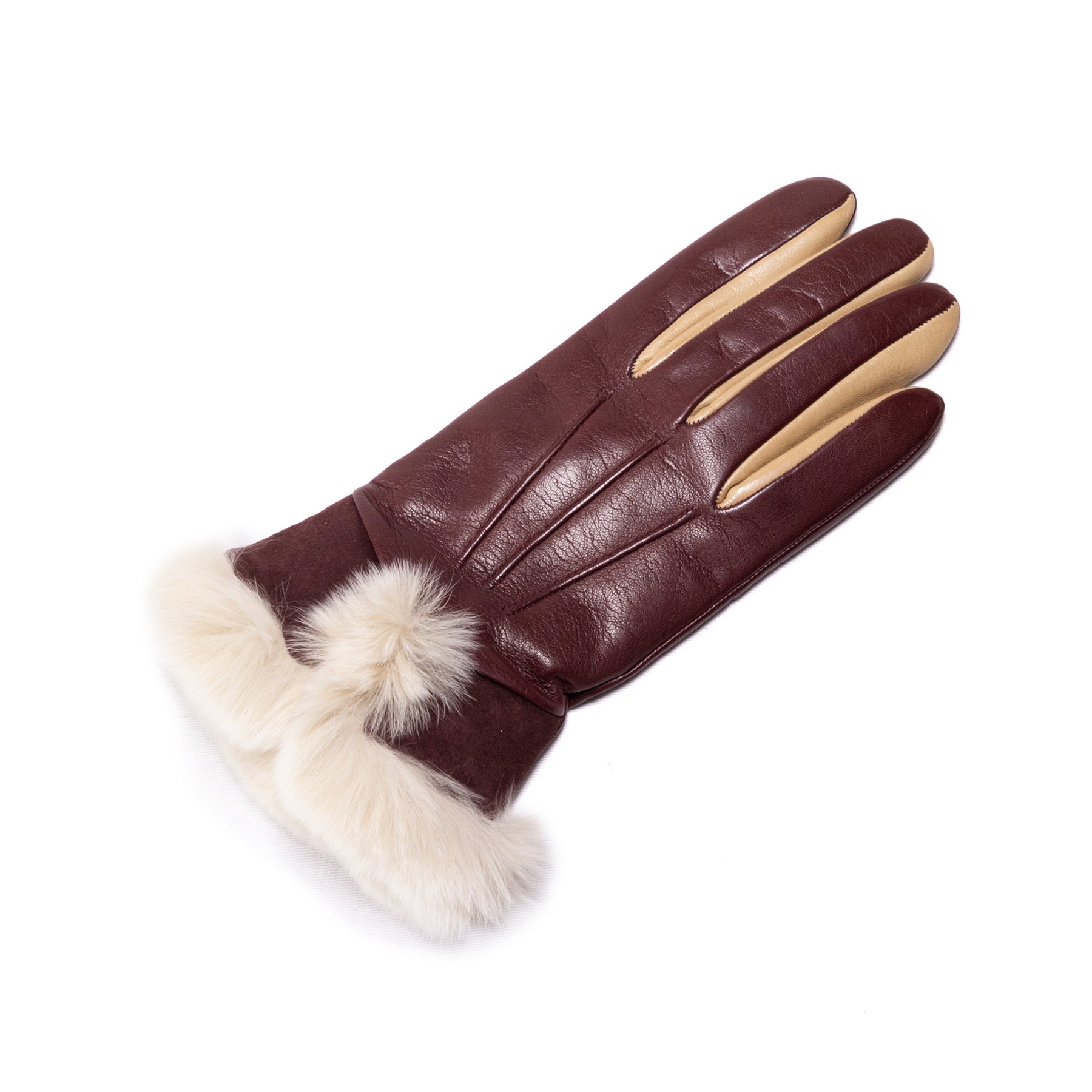 Ladies' bicolor nappa leather gloves in rich burgundy, featuring a luxurious real fur cuff for added elegance and warmth.