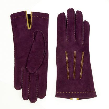 Womens classic purple suede leather gloves, hand-sewn with elegant detailing and a soft cashmere lining for luxury comfort.