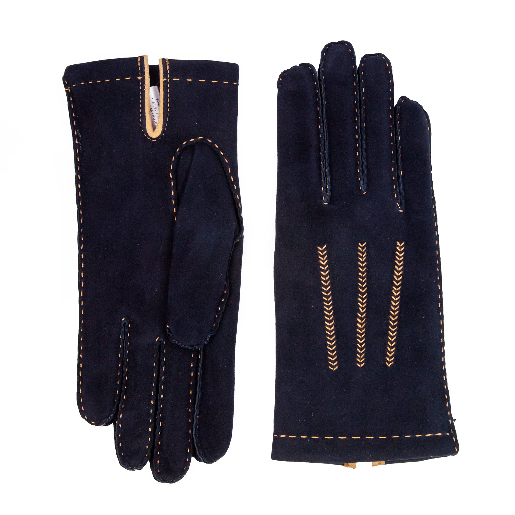 Navy suede leather gloves featuring hand-sewn details and cashmere lining, showcasing Italian craftsmanship and elegance.