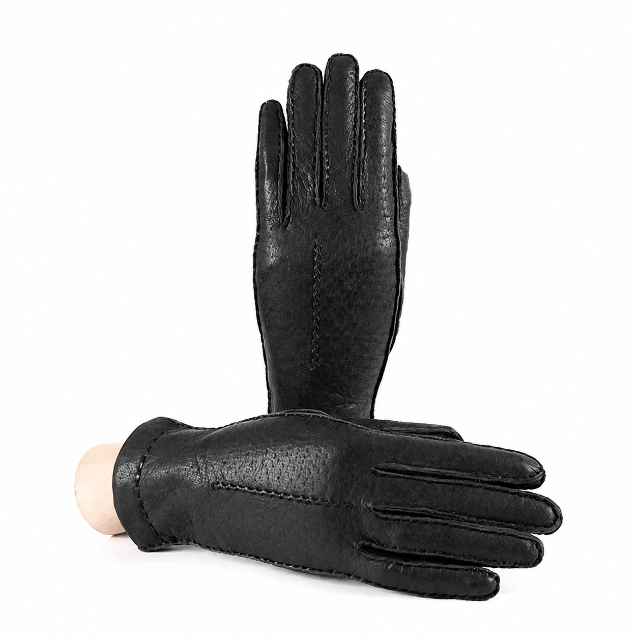 Women's peccary leather gloves entirely hand-sewn - Black 3