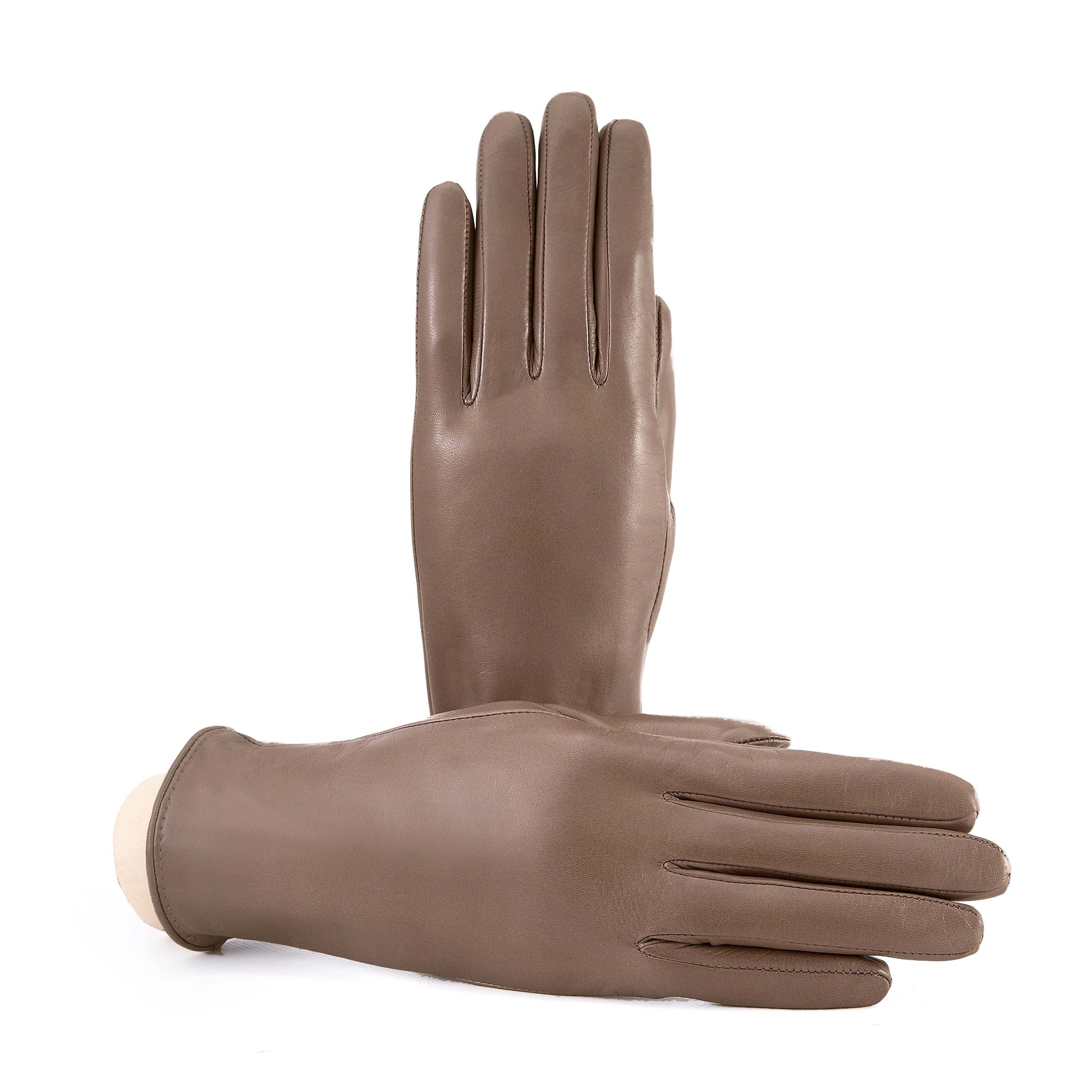 Soft nappa leather gloves in warm taupe, featuring a palm opening and luxurious cashmere lining for ultimate comfort.