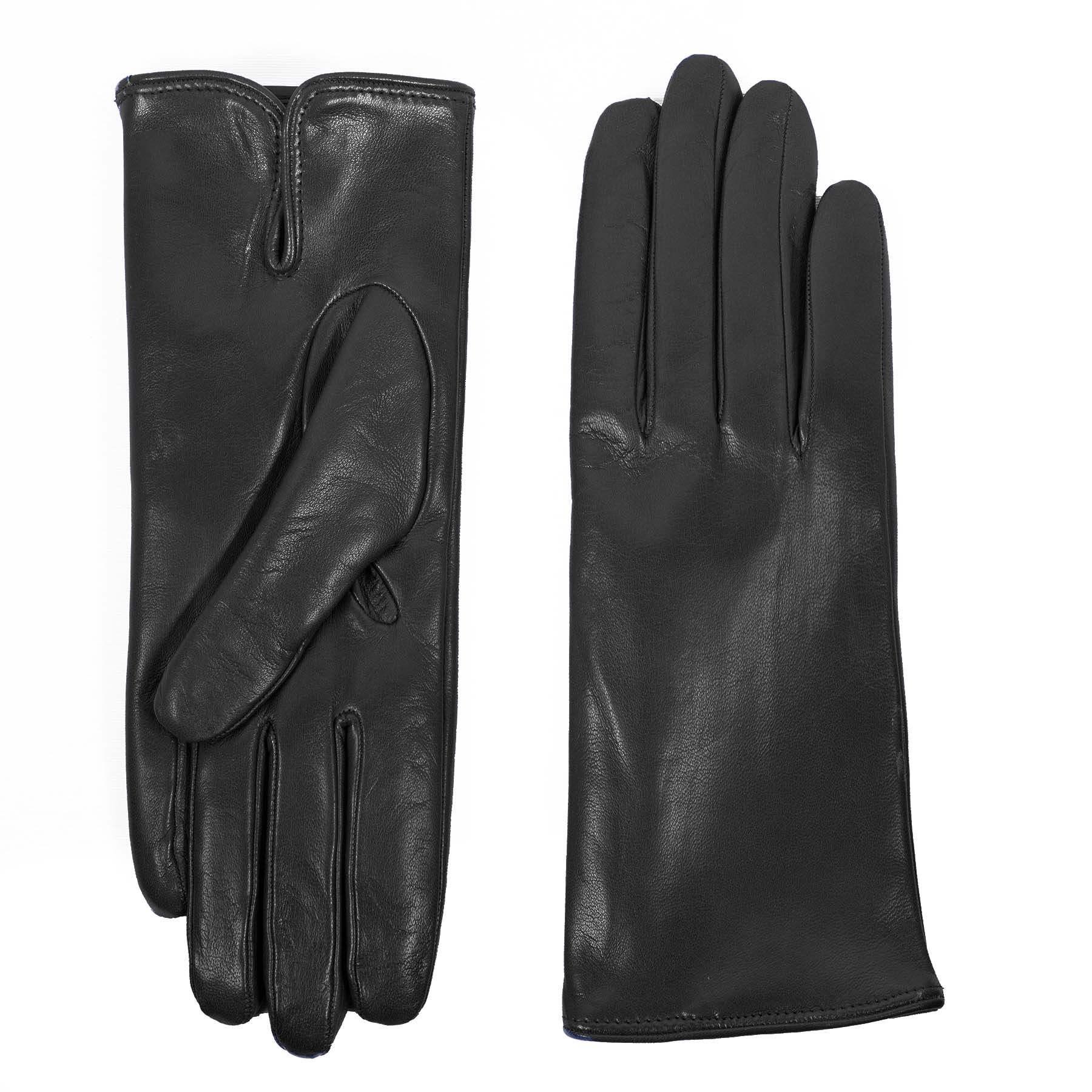 Little black leather gloves showcasing smooth Nappa leather and a classic design, perfect for elegant winter styling.