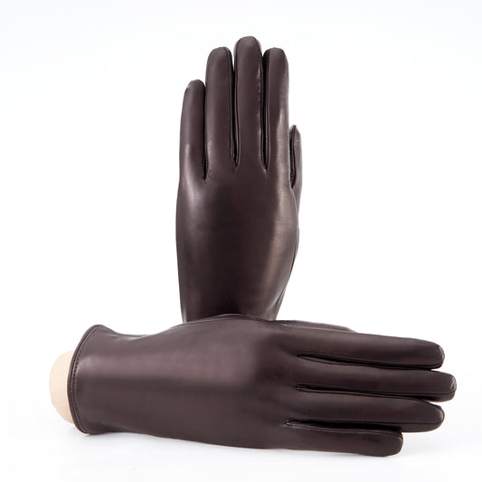 Women’s basic brown soft nappa leather gloves with palm opening and cashmere lining
