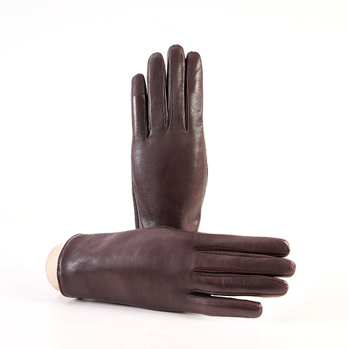 Rich brown soft nappa leather gloves with a sleek design, featuring a palm opening and luxurious cashmere lining.