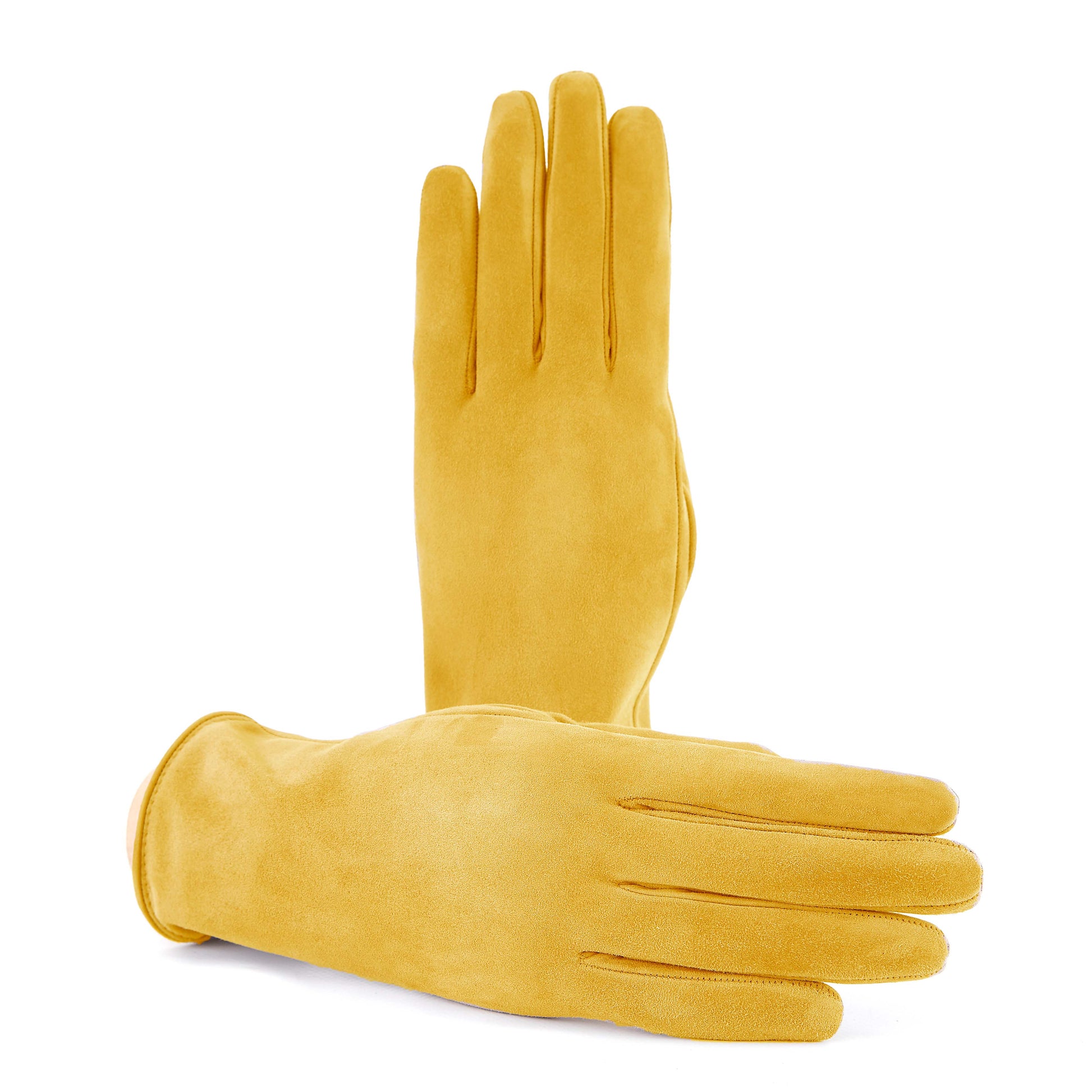 Soft suede leather gloves in a warm yellow hue, featuring a palm opening and luxurious cashmere lining for comfort.